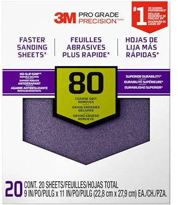 3M Advanced Sandpaper, 20 Sheets, 80 Grit, 3M Pro Grade Precision, Features No-Slip Grip Backing, 9-in x 11-in, For Sanding Wood, Drywall, or Metal, Can be Used on Wet or Dry Surfaces (26080CP-P-G)