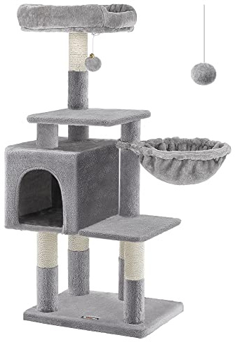 FEANDREA Multilevel Cat Tree, 110 cm Cat Tower, Light Grey Cat Condo PCT52W