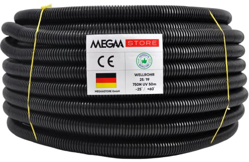 Megastore Flexibles Leerrohr Wellrohr 750N Schwarz| Klassifizierung M16 M20 M25 M32 M40 M50 Kabelschutz Schutz Rohr ungeschlitzt Außenbereich (Ø 19 mm innen/Ø 25 mm außen / 50m mit Zugdraht)