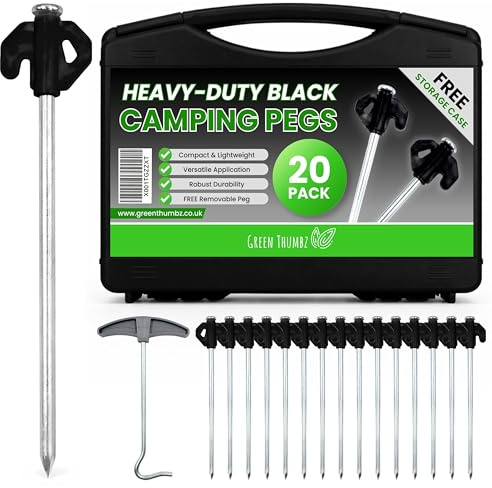Heavy Duty Tent Pegs - 20cm x 20 Pack Black Hard Ground Tent Pegs, Camping Pegs, Awning Peg for outdoors, Strong Galvanized Steel with Storage Case and Peg Remover