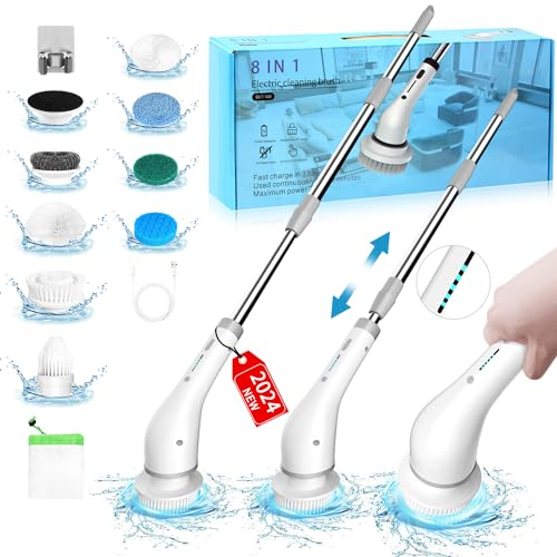 2024 Nouveau sans Fil Brosse de Nettoyage électrique,avec 8 têtes de Brosse Amovibles, Brosse de Nettoyage pour la Douche avec Manche réglable de 132cm pour Salle de Bain Cuisine Sol Voiture