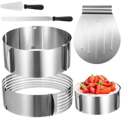 Varku 5 Stck Tortenboden Schneidehilfe, Tortenring Verstellbar, Langes Tortenmesser, Tortenheber Edelstahl Tortenzubehör Set, Tortenbackzubehör Tortenherstellungszubehör für den Haushalt