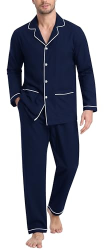MoFiz Pyjama Homme Hiver Coton Ensemble Boutonné Devant Manches Longues Chaud Vêtements De Nuit à Carreaux Hauts et Bas Poches Bleu Marine EU 4XL