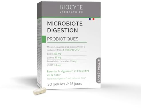 BIOCYTE Microbiote Digestion - Probiotiques Flore Intestinale - 5 Souches Probiotiques, Boldo, Vitamine B2, Lactase & Bromelaine - Programme 15 Jours