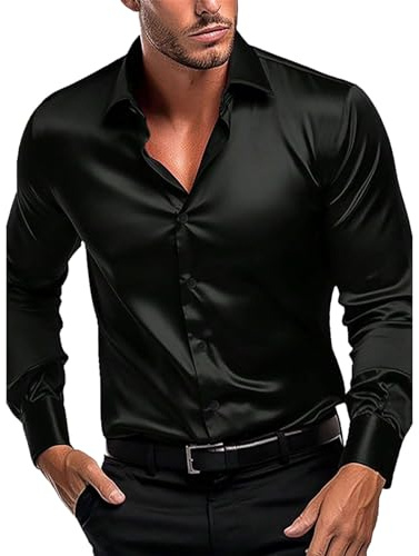 Camicia da uomo in raso lucido, da uomo, a maniche lunghe, comoda, in seta, per il tempo libero, per feste, matrimoni, per il tempo libero, senza stiratura, per adulti, elegante camicia da lavoro