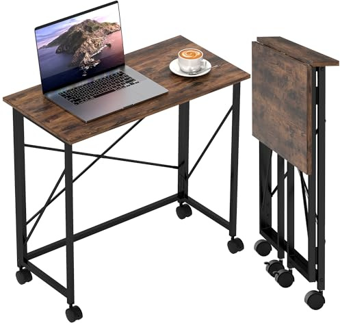 HOMCOM Small Folding Desk, 80 cm Foldable Computer Desk on Wheels for Small Space, Easy Assembly, Space Saving Writing Table for Home Office, Bedroom, Rustic Brown