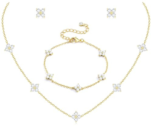 ORAZIO Dainty Gold Jewelry Set for Women Trendy 14K Gold Plated CZ Flowers Pendant Choker Necklaces for Women Stud Earrings Link Bracelets Stack Jewelry Gifts for Wedding Prom Brides