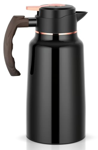 Thermoskanne, 2 Liter 304 Edelstahl Isolierkanne mit Holzoptik Griff, 24 h heiß / 24 h kalt, Kaffeekanne mit tropffreiem Ausguss, große Öffnung, zerlegbarer Deckel, Teekanne für Kaffee, Tee, Wasser