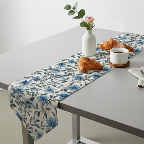 Blue Flower Gray Light Blue Leaves Table Runner Table Turner for Dining Tablerunner Spring Party Decorations Spring Decorations for Office Home Kitchen Dining Holiday Decor 14 × 108 inch