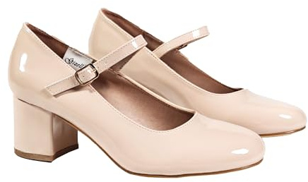 Womens 2.25 inch Heel Shoes - Round Toe Ladies Shoes Ankle Strap Pumps Mid Block Heels for Dressy Work Date Wedding Party, Nude Patent, 8