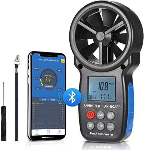 Anemometro Portatil Bluetooth Medidor de Viento AI-100APP, AIOMEST Bluetooth Anemómetro Mano Wind Meter con APP Registro de Datos, Mide 30m/s Flujo de Aire, Temperatura Viento para HVAC, Drones, Riego