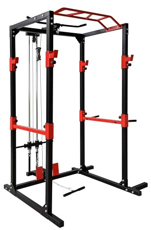 BodyTrain Heavy Duty Professional Adjustable Power Rack Weight Lifting Cage with Cable System & Deluxe Pull Up Bar