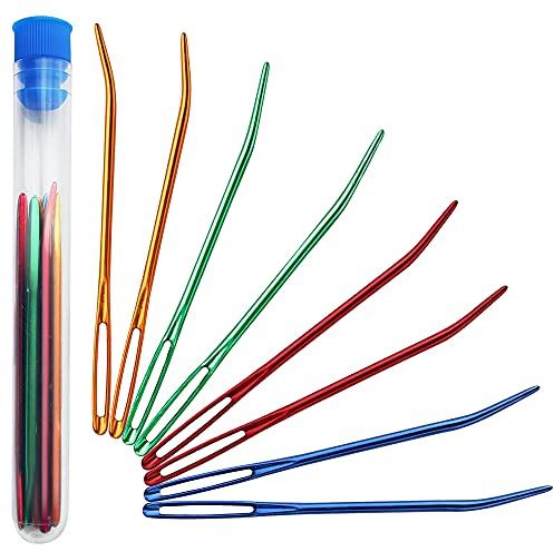 Gebogen Stopfnadeln, 9 Stück Aluminium Großem öhr Nähnadeln mit Spitze Set, Stumpf Sticknadeln mit Transparenter Flasche, 7cm Lang Garn Nadeln für Stricken von Dicke Wolle