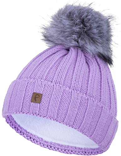 Faera Bommelmütze Mütze Damen gefüttert Wintermütze Strickmütze Mädchen Fleecefutter Beanie 79, Farbe:Lila