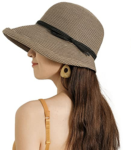 DRIONO Straw Hat - Women Style Fashion Summer Cloche Beach Fedora Trilby Hat Panama Sun Hat (Brown)
