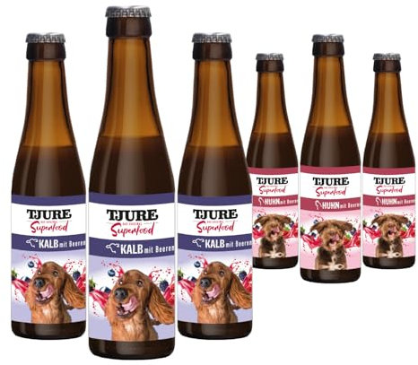 TJURE Hundesmoothie Superfood Mixbox | 6 × 220 ml | 3 × Huhn mit Beeren | 3 × Kalb mit Beeren | Flüssignahrung für Hunde | Getreidefrei | Ohne Zucker | Reich an Vitaminen | Perfekt als Topping