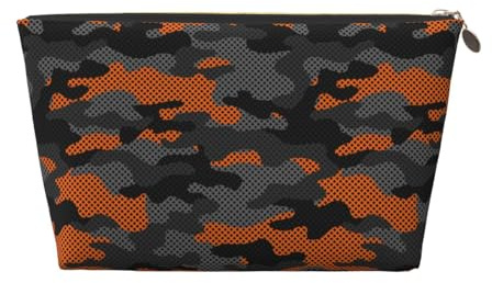 VOSERY Bolsa de maquillaje de cuero, bolsa de cosméticos, bolsa de aseo de viaje para mujer, organizador de bolsa de maquillaje de camuflaje gris naranja, bonita bolsa de maquillaje, bolsa de