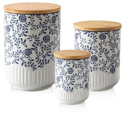 Cerkik Canisters Sets for Kitchen - Ceramic Kitchen Containers for Countertop with Airtight Wood Lids - Flour and Sugar Containers for Coffee Tea Spice Beans Cookie Jars - Blue Set of 3