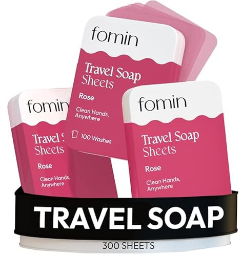 FOMIN - Antibacterial Paper Soap Sheets Tin for Traveling - 300 Sheets Rose - Portable Travel Hand Soap Sheet, Dissolvable Mini Camping Hand Soap for Hand Washing