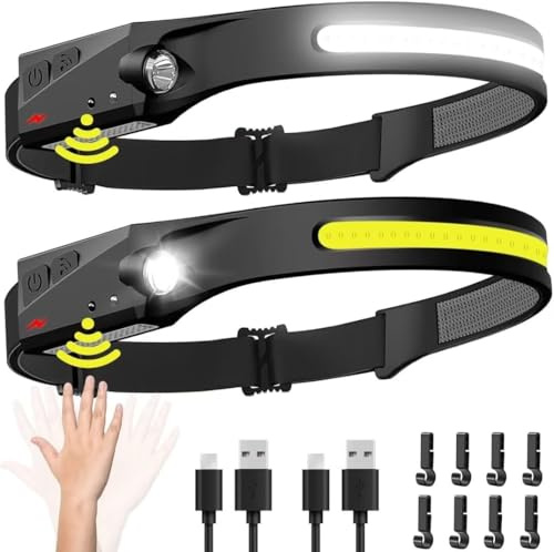 Lampada frontale ricaricabile, fascio largo 230°, lampada LED con sensore di movimento per adulti, accessori da campeggio, torcia impermeabile per escursionismo, corsa, riparazione, pesca, ciclismo (2