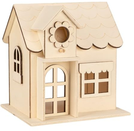 Ideen mit Herz Casa decorativa in legno, naturale, con apertura per illuminazione, casa luminosa fai da te, 15,5 cm x 13 cm x 16,1 cm, casa in miniatura in compensato, per dipingere, decorare e