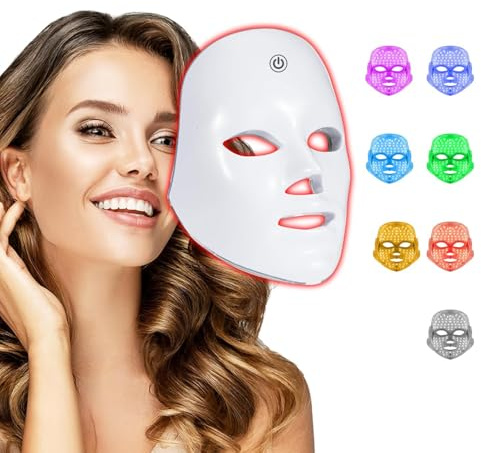 Maschera ergonomica a LED, terapia della luce LED per il viso, maschera per terapia della luce LED blu, maschera per la cura della pelle del viso a casa con 7-1 colori, ricaricabile tramite USB, senza