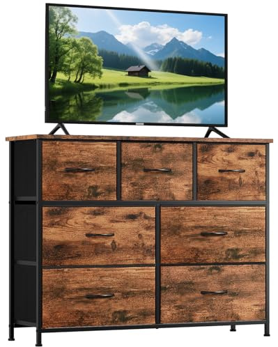 Somdot Kommode mit Schubladen, Stoffkommode, Kommode für Schlafzimmer Wohnzimmer Flur, Komodenschrank Schubladenschrank Aufbewahrungsschrank, 7 Stoffschubladen, Holzmaserung