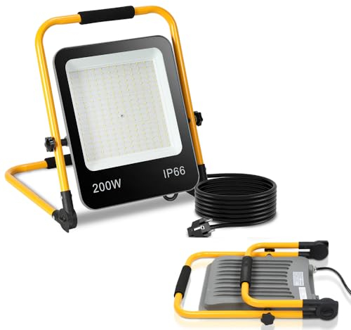 Cecaylie LED foco de construcción 2x, 200W 18000LM foco de luz de trabajo, IP66 impermeable luz de trabajo portátil 6000K blanco frío, cable de 3M y soporte plegable para el sitio de construcción