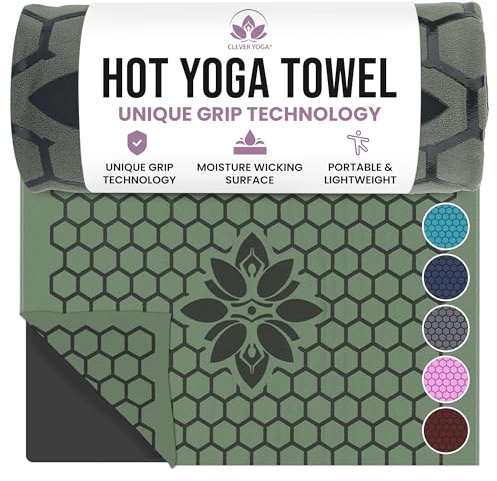 Clever Yoga - Non-Slip Hot Yoga Towel Mat with Sweat Absorbent Microfiber Suede & Double Sided Grip Hot Yoga Towel Mat with Honeycomb Design - Olive