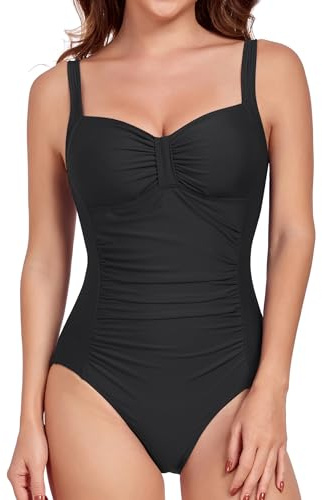 Joweechy Swimming Costume Women Tummy Control One Piece Swimsuit Padded Shirred Shaping Slimming Swimwear Bathing Suits M,Black