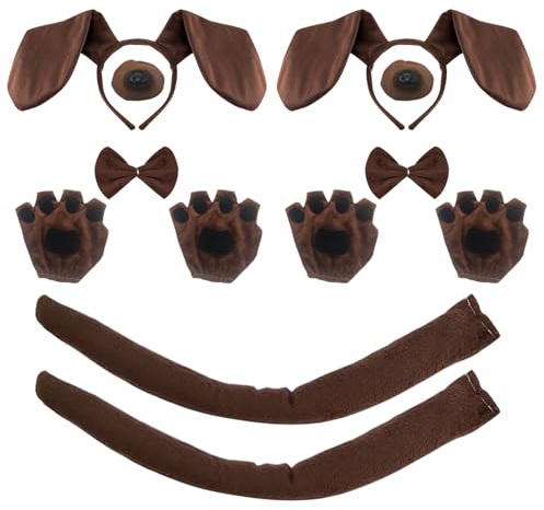 FUIPVGI 2 Set Costume di Cane,Costumi per Cani,Inclusi Orecchie di Cane Fascia Papillon Naso Finto Coda Guanti Zampa di Cucciolo,Costume da Cucciolo per Bambini Adulti per Halloween Cosplay (Marrone)