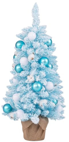 COSTWAY Albero di Natale Artificiale Piccolo 90 cm, Albero di Natale da Tavolo con 12 Palline di Cotone Naturale, 24 Palline e Rami Imbiancati, Decorazione Natalizia per Feste (Azzurro)