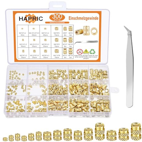 300 Stück Gewindeeinsatz, M2/M2,5/M3/M4/M5/M6 Schmelzgewinde Einschmelzgewinde Einpressmuttern für 3D Druckteile Automobil Kunststoffteile