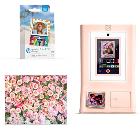 HP Sprocket Photo Booth Machine Instant Color Photo Printer (Pink) + Zink Paper (100 Sheets) + Roses Photo Backdrop (1)