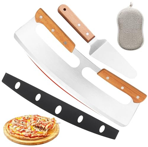 Pizza Cutter Rocker, 14 Pizza Cutter, Stainless Steel Pizza Slicer with Protective Cover and Wood Handles + Cake Server Shovel, Pizza Oven Accessories, Suitable for Cutting Homemade Pizza Bread Cake