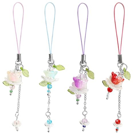 Prdingfy 4PCS Y2K Lotus Flower Phone Charms | Cute Beaded Resin Cell Phone Straps, Aesthetic Keychain Bag Pendants for Women Gift.