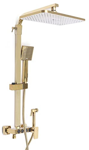 Ducha completa, sistema de ducha, juego de ducha premium en oro, cabezal 4 en 1 (ducha de lluvia, alcachofa de mano, pistola pulverizadora, grifo), giratorio 360°, ABS+latón+cerámica, inoxidable y