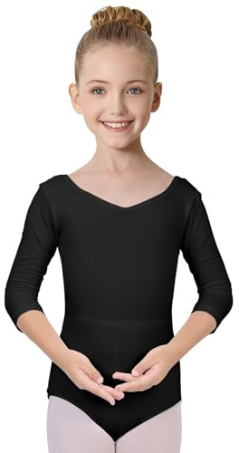 ANTLOOWW Body da Balletto per Bambine con Maniche A 3/4 Body da Balletto in Cotone con Scollo A V Body da Ginnastica per Bambine E Donne Taglia 110-170 (Nero, 140)