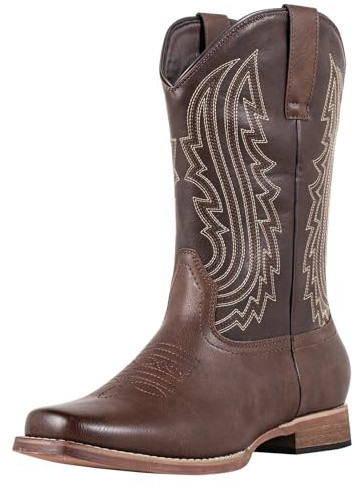 J's.o.l.e Cowboy Boots Men Western Boots Square Toe Retro Embroidered Slip On Wide Calf Riding Country Leisure Boot Brown UK 10
