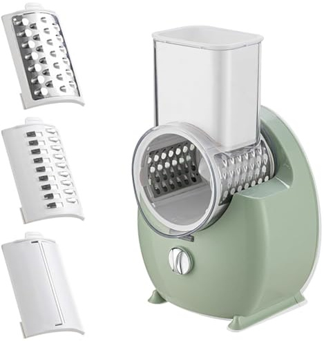 MiBoce Râpe À Fromage Électrique, Coupe-légumes Automatique Multifonctionnel, avec 3 Lames Interchangeables, Amovibles Et Lavables, pour La Cuisine, Le Camping, Les Restaurants