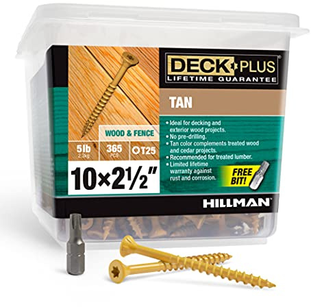 Deck Plus 2-1/2 Inch Epoxy Coated Exterior Wood and Fence Screws #10 x 2-1/2 Torx/Star Drive Included Coarse Thread, Outdoor Rust Resistant Decking Screw, Tan, 5 lb Box, 365 Pieces | 48416