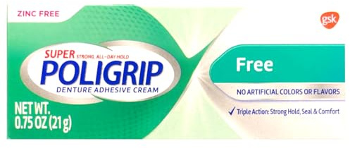 Poligrip (Pack of 5) Super Denture Adhesive Cream - Strong, All-Day Hold, Zinc Free, No Artificial Flavors or Colors - 0.75 Oz Each