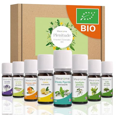 Set de Aceites Esenciales 100% Naturales Bio | Para Humificador Difusor, Aromaterapia | Menta, Eucalipto, Cedro de Atlas, Citronela, Naranja, Limón, Lavandín, Ravintsara | Mearome Fabricado en Francia
