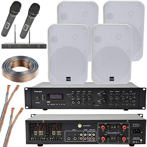 400W Stereo Bluetooth Karaoke / Public Address System | 2 Channel Mixer Amplifier Amp Kit | 4x 200W White Wall Mounted Speakers | 2x UHF Wireless Microphones | Town / School Assembly Hall | Echo Alexa
