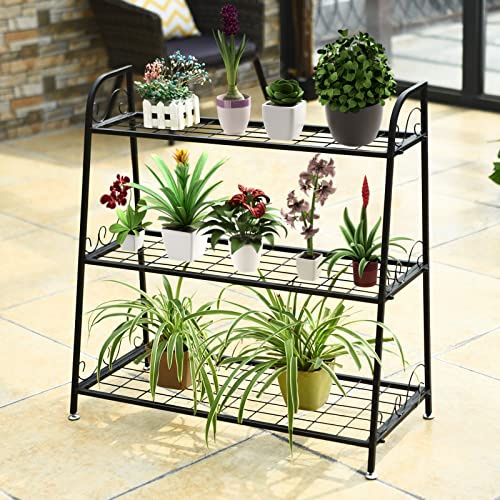 RELAX4LIFE - Estantería de flores para plantas de hierro forjado decorativo clásico para exteriores e interiores, uso amplio para jardín, terraza, balcón, negro (estilo 2, 3 niveles)