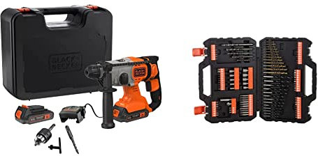 BLACK+DECKER BCD900E2K-QW - Martillo percutor SDS-Plus 18 V, Se entrega en maletín con 2 baterías de 2.5Ah, cargador de 1A + A7200-XJ Juego de 109 piezas para atornillar y taladrar