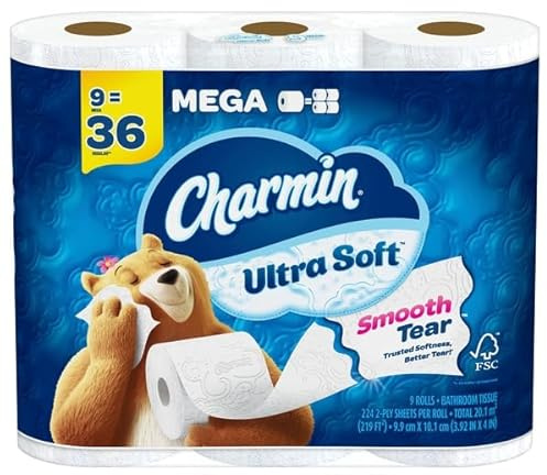 Charmin Ultra Soft Toilet Paper, 9 Mega Rolls = 36 Regular Rolls