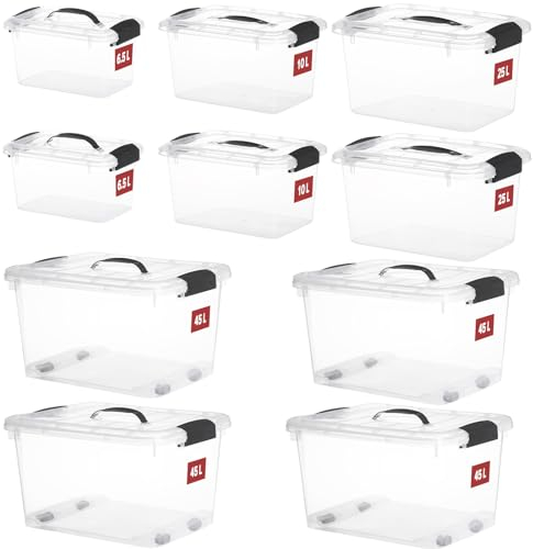 Greentainer 10er Spielzeug Organizer Aufbewahrungsbox mit Deckel & Griff,Stapelbar Größer Kunststoffbox mit Clips aus Plastik für Kleidung,Küche,Bücher,Büro,BPA Frei|Verschiedene Größen|Transparent