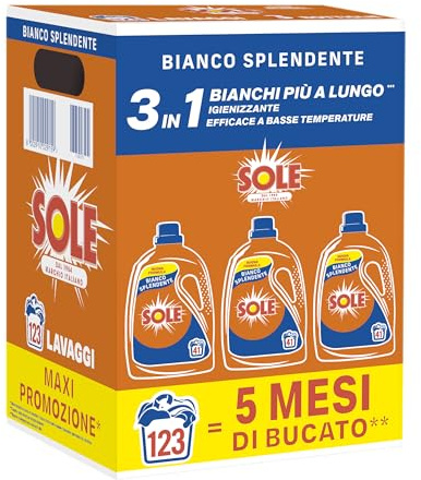 Sole Detersivo Lavatrice Bianco splendente 123 Lavaggi, Formula igienizzante, Detersivo Lavatrice Liquido Bianco Splendente, rimuove le macchie a basse temperature