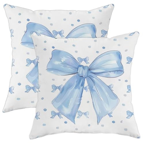 Decorative Pillow Covers Set of 2, Light Blue Bow Knot Throw Pillow Cases, Seasonal Holiday Style, Ideal for Living Room or Bedroom, Home Decor 18x18 Inch